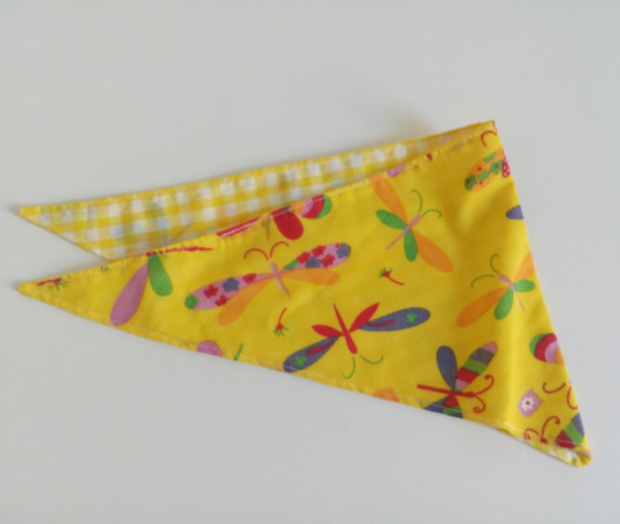 Dog Bandana, small size, 11"-15",  dragonflies, neckerchief style, yellow check