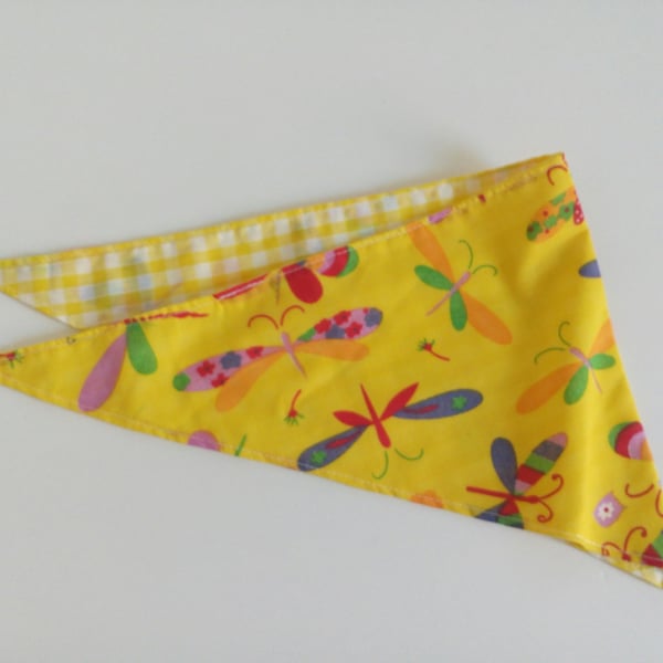 Dog Bandana, small size, 11"-15",  dragonflies, neckerchief style, yellow check