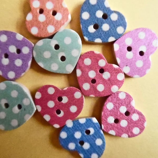 10 x Heart Shape Wood Polka Dot Buttons  2 holes