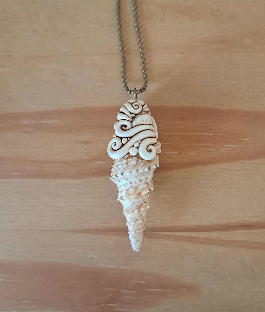 Small Conch Shell and Air Dry Resin Clay Amulet Pendant