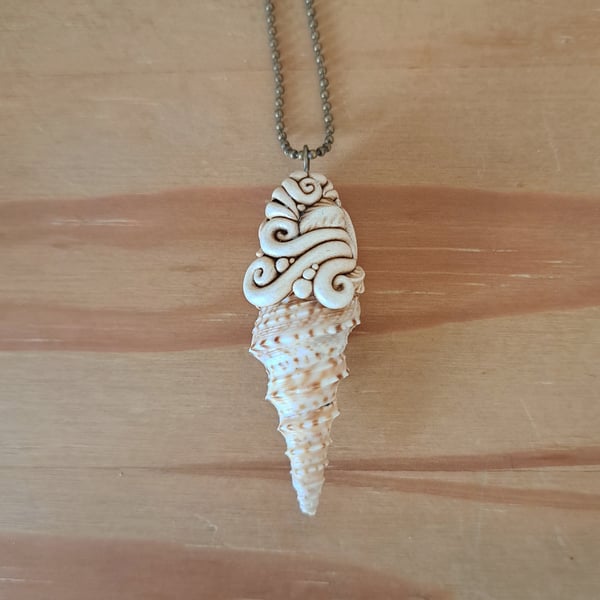 Small Conch Shell and Air Dry Resin Clay Amulet Pendant