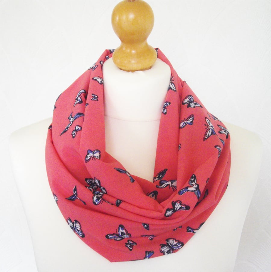 Coral birds and butterflies infinity scarf loop chiffon cowl