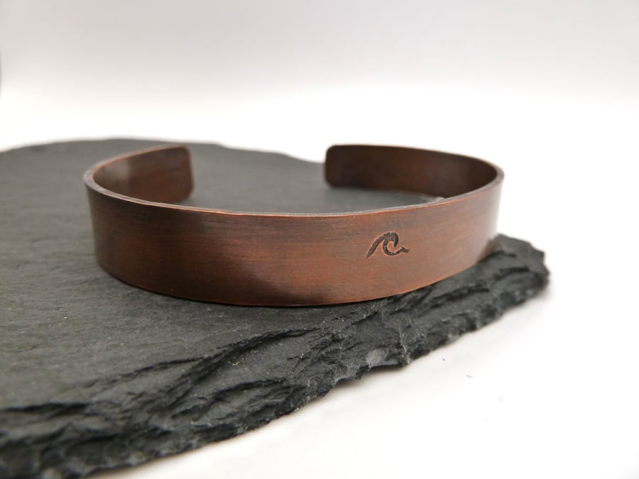 copper cuff bracelet, hand stamped wave