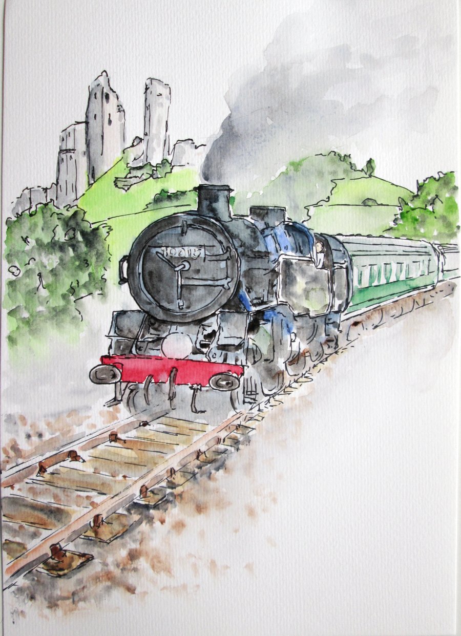 Steam train at Corfe Castle print of my original painting 