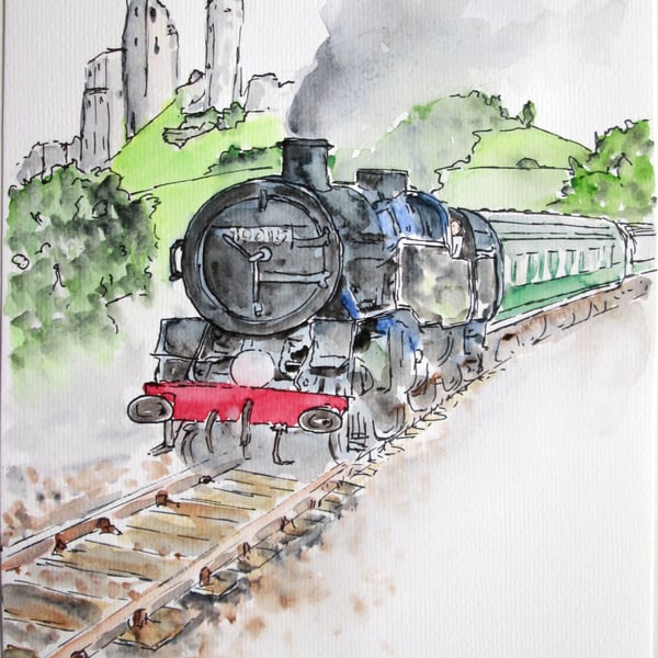 Steam train at Corfe Castle print of my original painting 