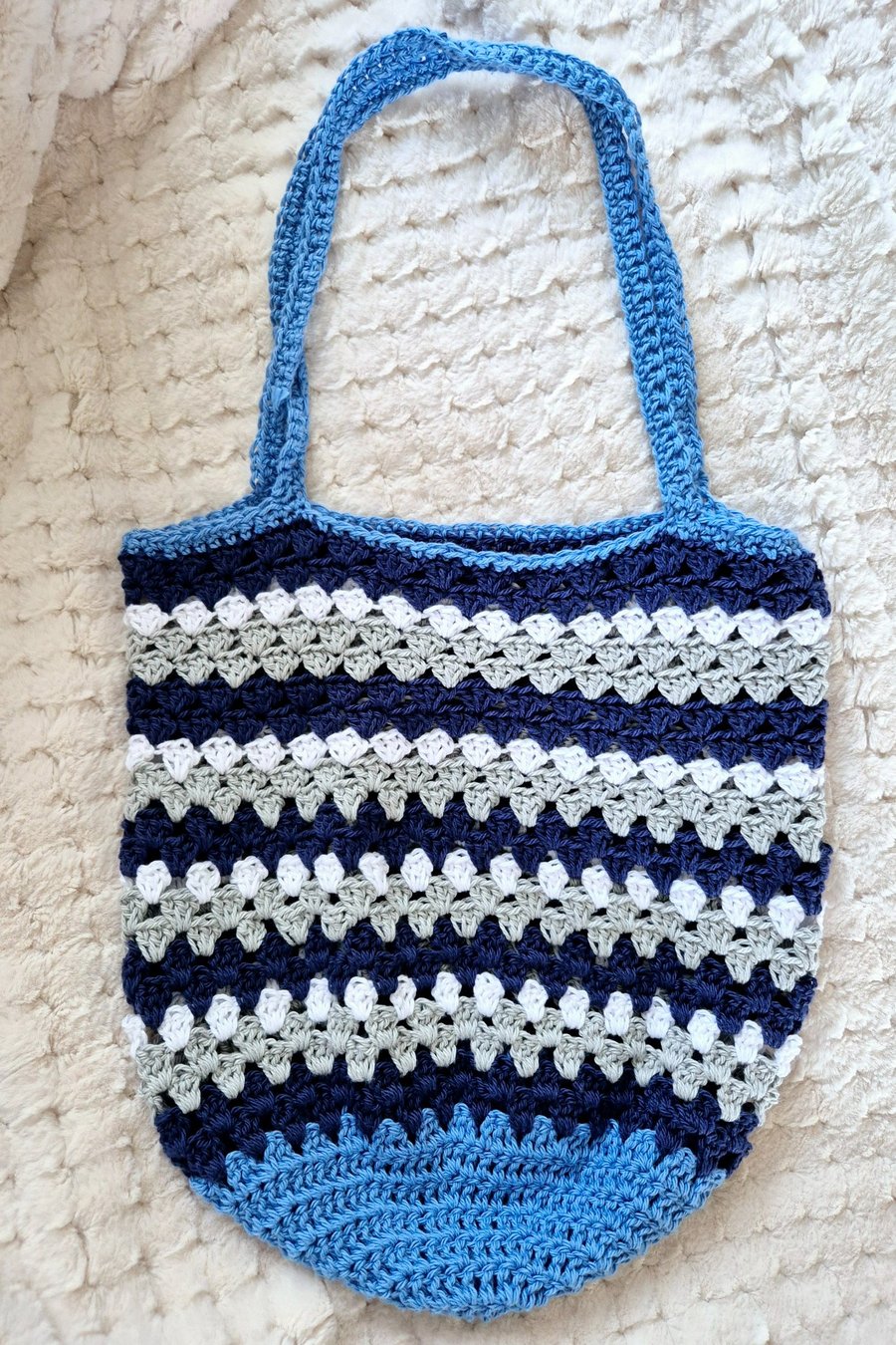 Handmade cotton crochet blue striped tote bag