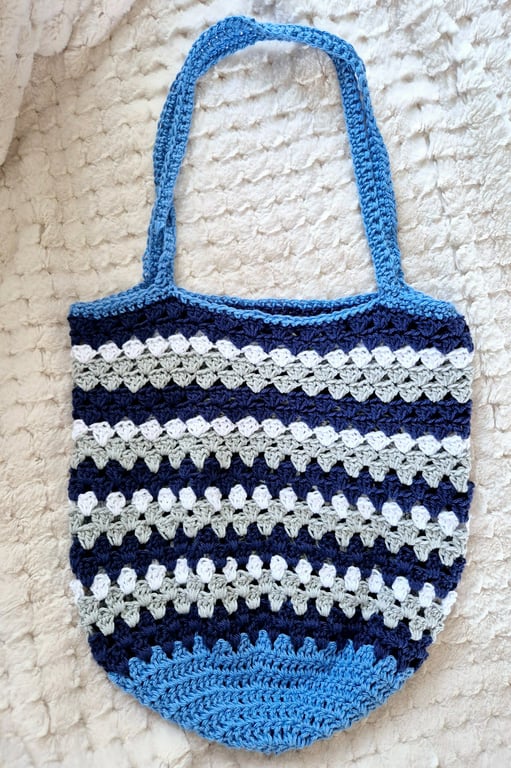 Handmade cotton crochet blue striped tote bag