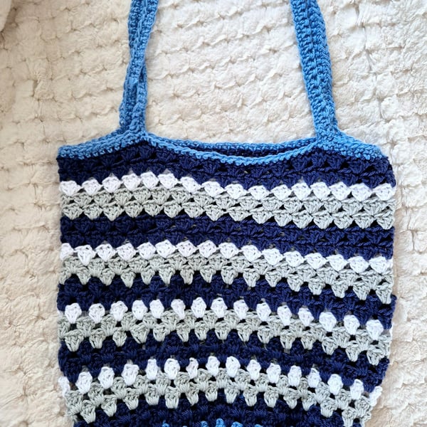 Handmade cotton crochet blue striped tote bag