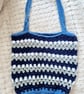 Handmade cotton crochet blue striped tote bag