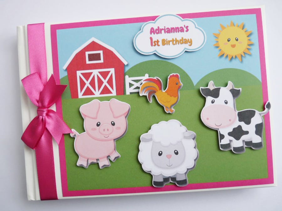 Farm animals girl birthday guest book, farm animals baby shower, gift