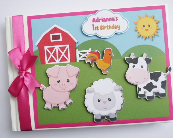 Farm animals girl birthday guest book, farm animals baby shower, gift