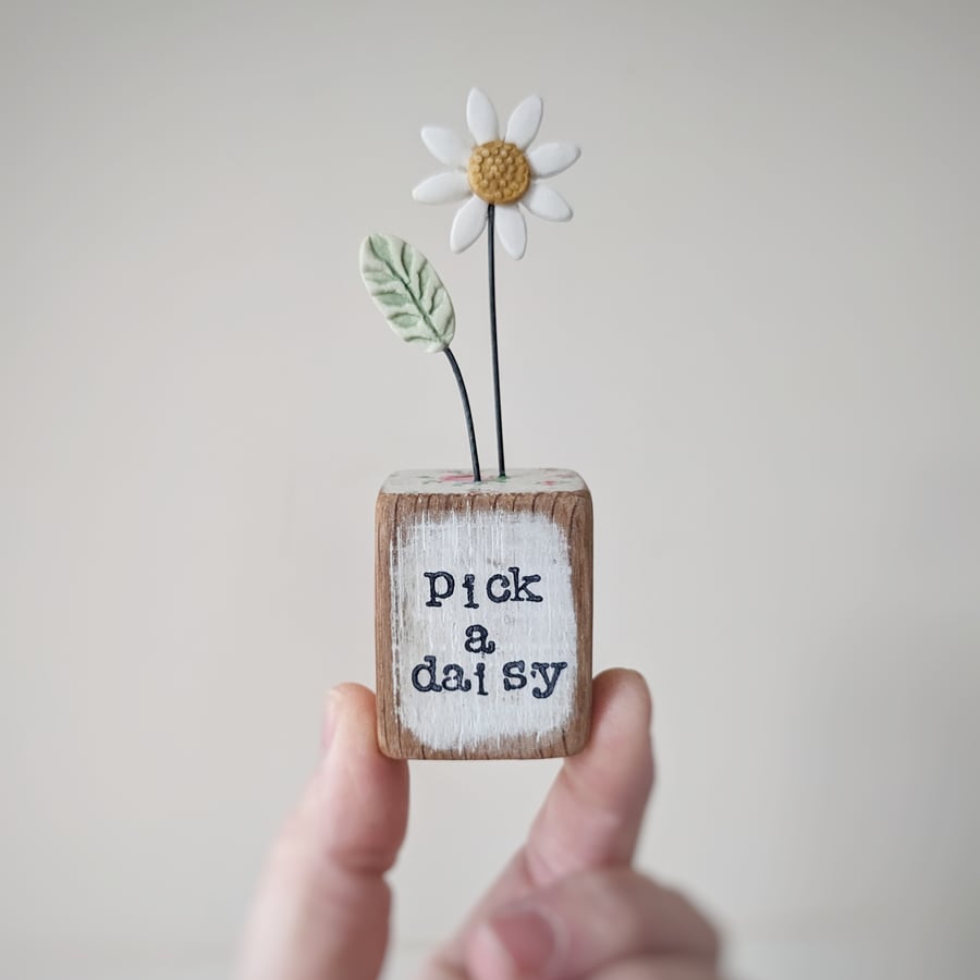 Clay Daisy Flower in a Printed Wood Block 'Pick a Daisy'