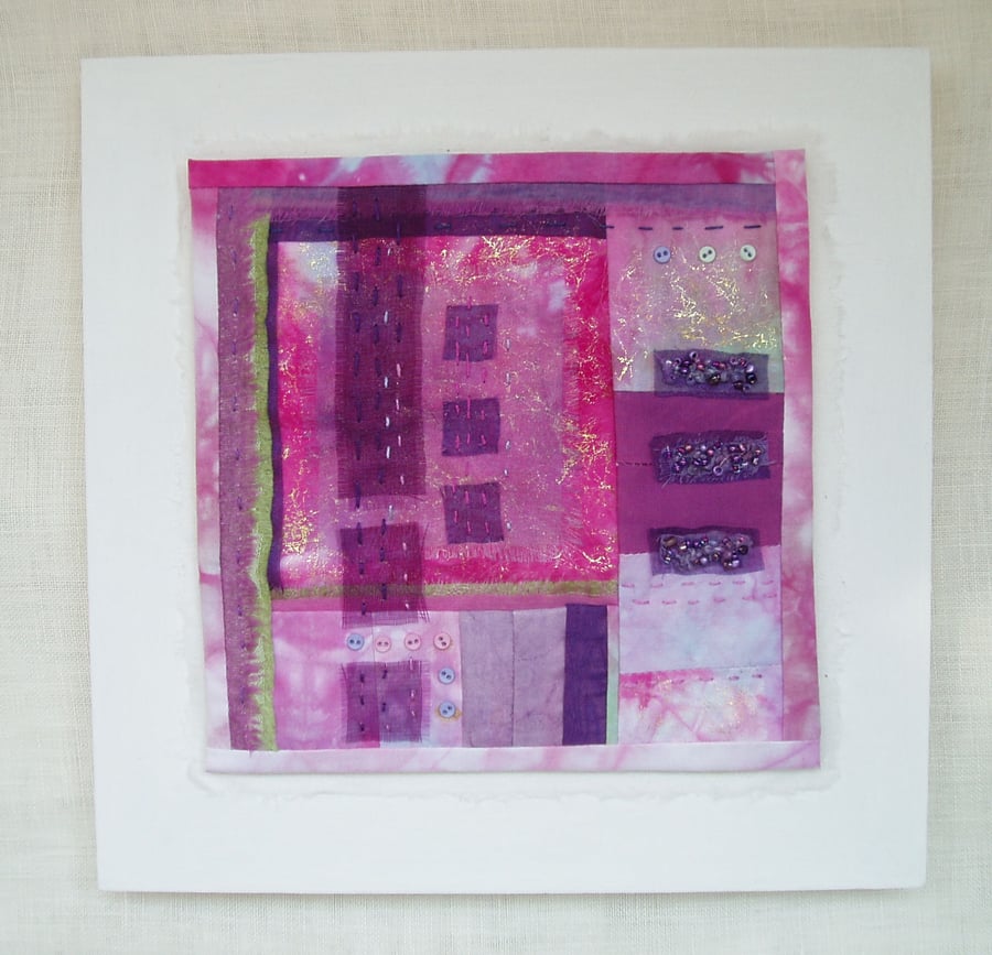 CONTEMPORARY QUILTED PICTURE abstract art in pink and mauve fuchsia colours