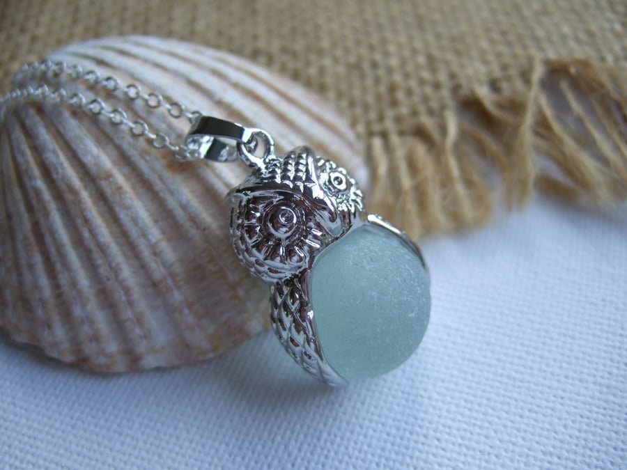 Sea glass marble owl necklace, owl pendant, codd sea glass marble animal locket