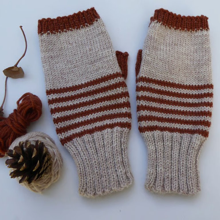 Earthy Striped Hand-Knitted Fingerless Mittens
