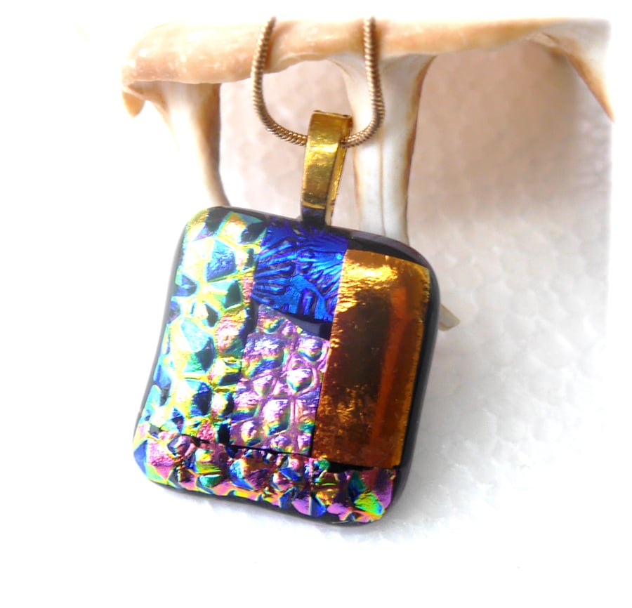 Patchwork Pendant Dichroic Glass P005 Gold plated chain