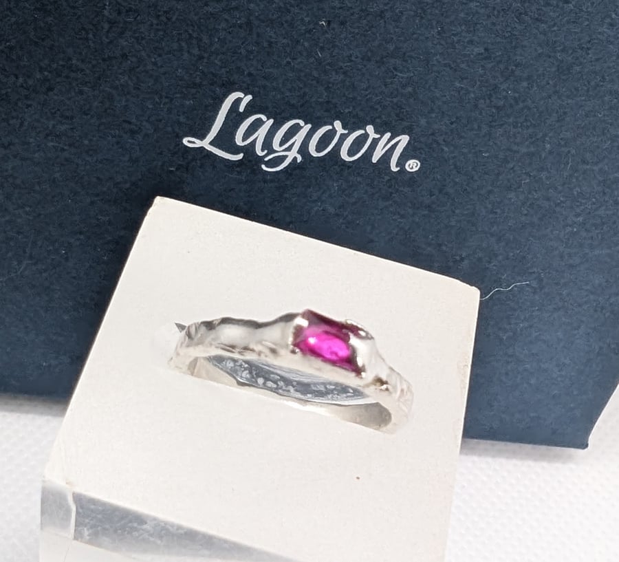'Orrica' Sterling silver organic form ring with bright pink stone Size H