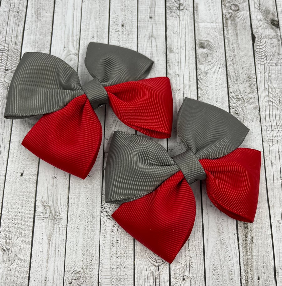 School Red and Grey Two Tone Double with Bows on Clips (pair)