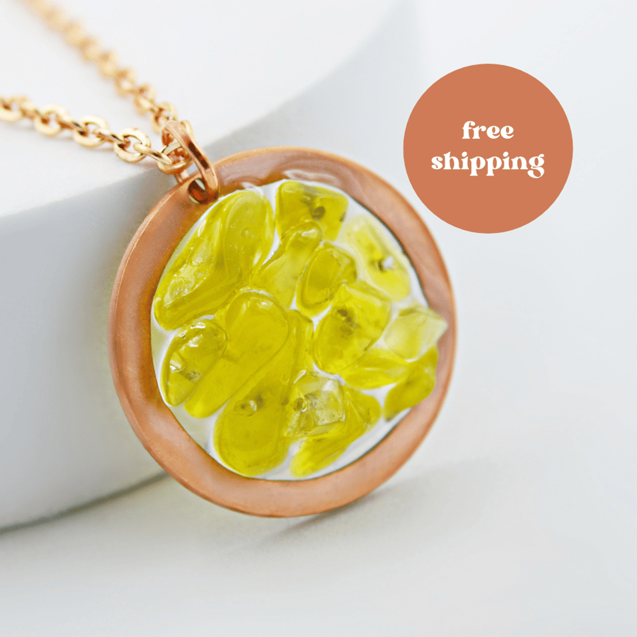 Yellow Jade Copper Geode Pendant Necklace - Free Postage