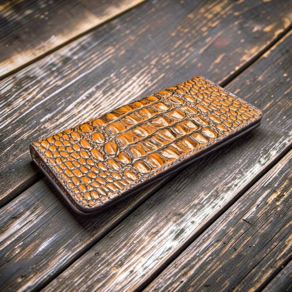 Handmade Croc Texture Long Leather Wallet with Coin Pocket