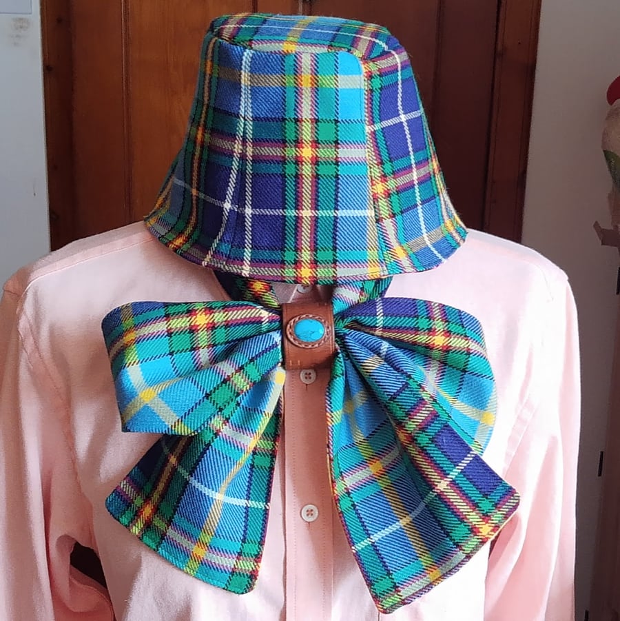 Elegant Bucket Hat and Scarf Set with Turquoise Gemstone Leather Slide