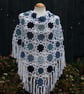 White and blue colours warm and cosy cotton crochet shawl - design A447 - Image 3