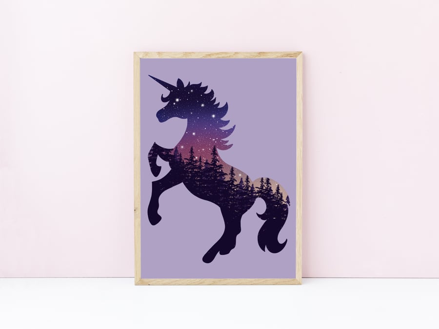 Fairytale Pink and Purple Unicorn Print, Mystical Creatures Artwork, Fantasy Art