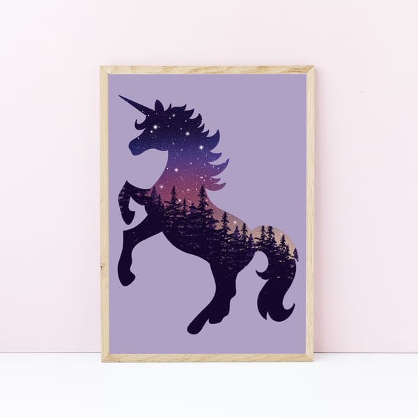 Fairytale Pink and Purple Unicorn Print, Mystical Creatures Artwork, Fantasy Art