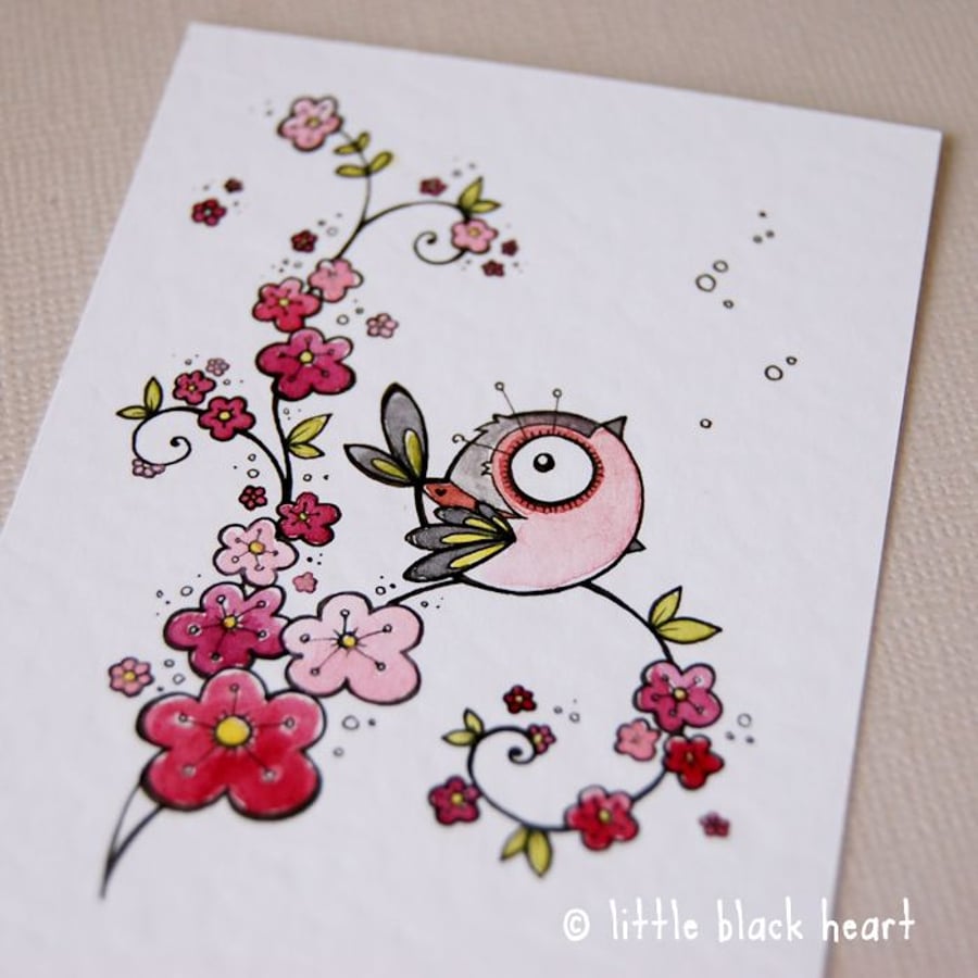 chaffinch in the cherry blossom - original aceo