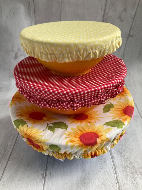 Reusable bowl covers - set of three. Sunflowers, reds and yellows.