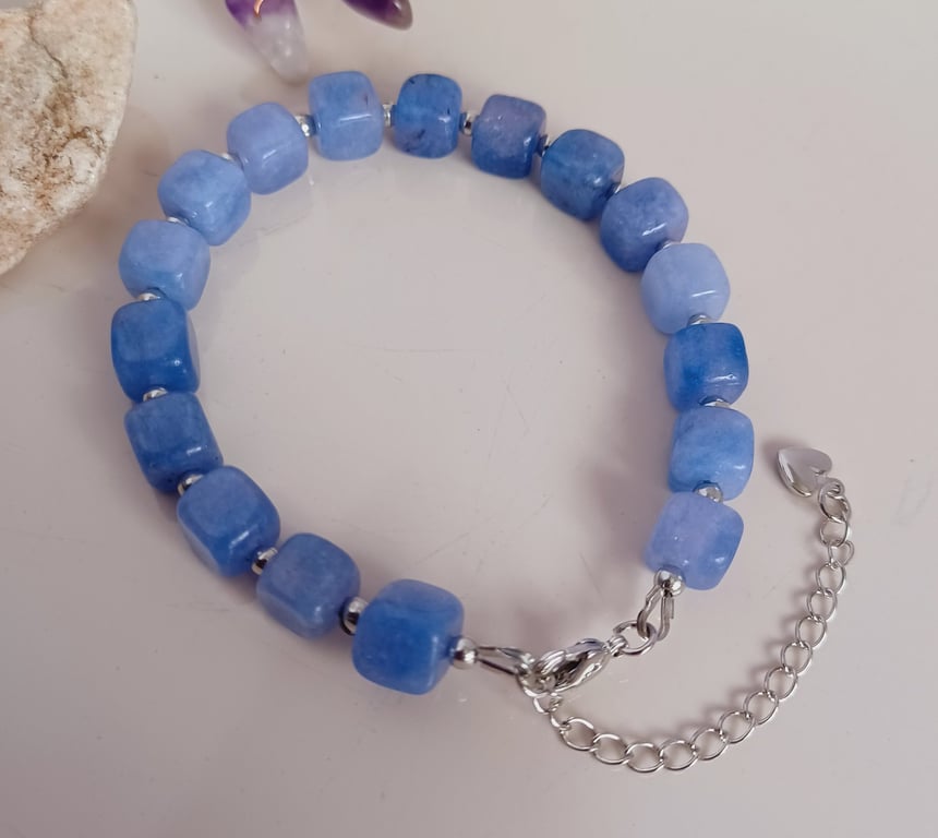 Handmade Blue Square Bead Bracelet, Toned Quartz Gemstone Jewellery for Women 