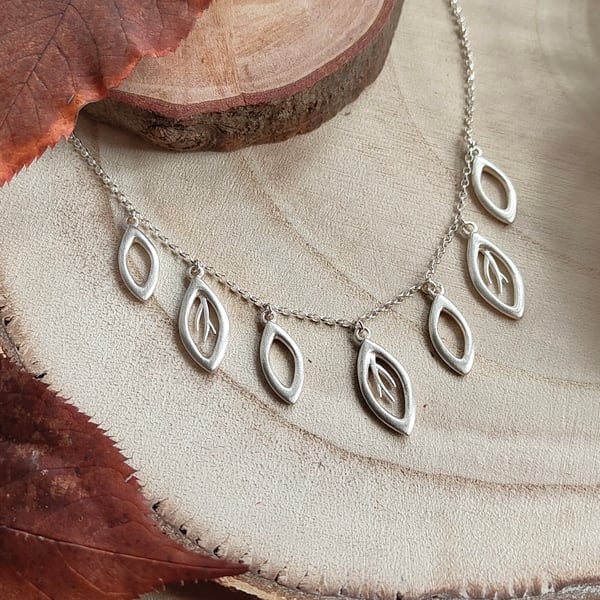 Sterling Silver ‘Falling Leaves’ Seven Leaf Necklace on Fine Belchar Chain