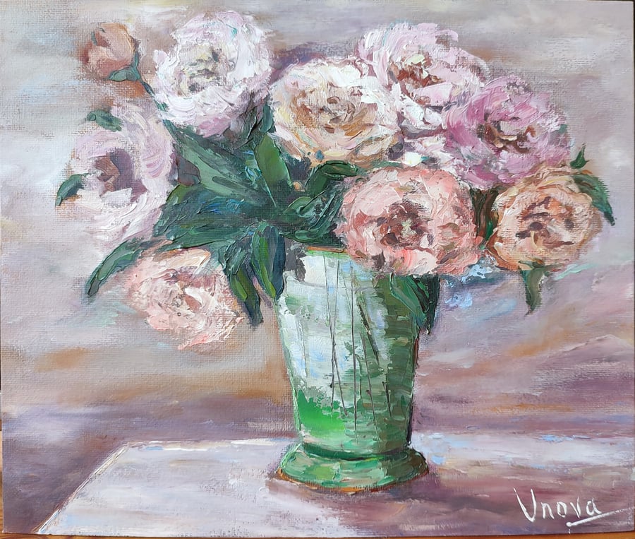 Original Oil Painting Bouquet of Peonies Flowers in Vase Art gift Impasto oil
