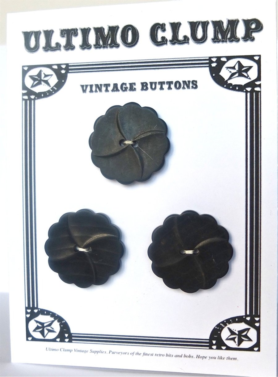3 Vintage Black Wooden Flower Buttons
