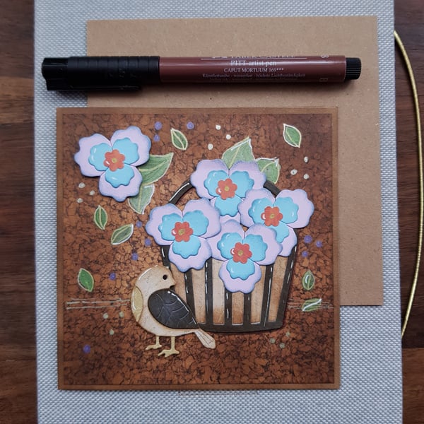 Handmade blank card, keepsake with a basket of blue flowers and songbird
