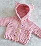 Pink Newborn Crochet Teddy Bear Cardigan with Hood – Handmade Gift - Image 6