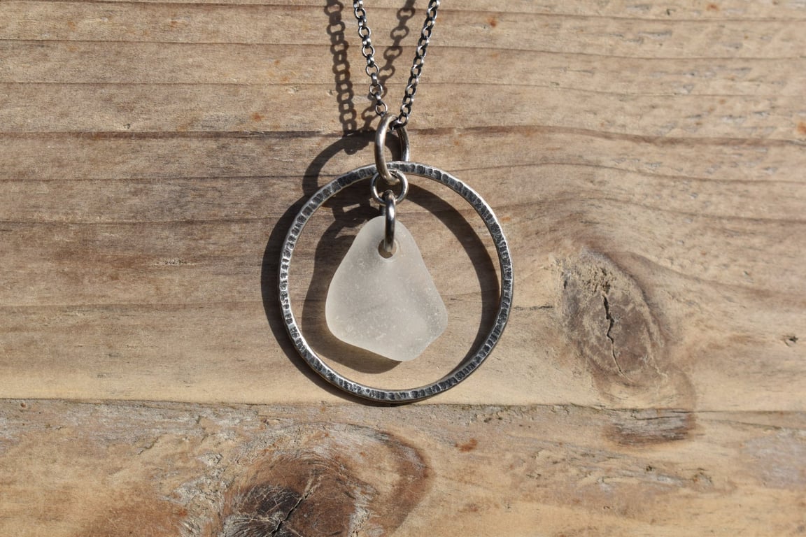 Scottish Sea Glass and Recycled Sterling Silver Necklace, Frosted White