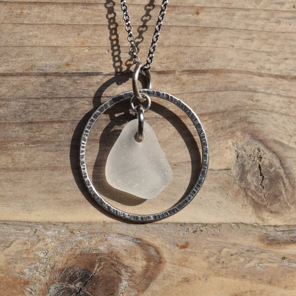 Scottish Sea Glass and Recycled Sterling Silver Necklace, Frosted White