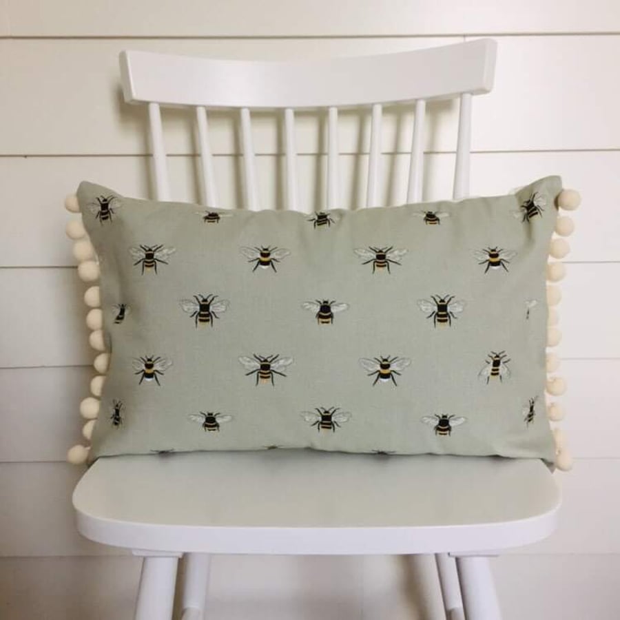Sophie Allport Bees  Cushion with Cream   Pom Poms