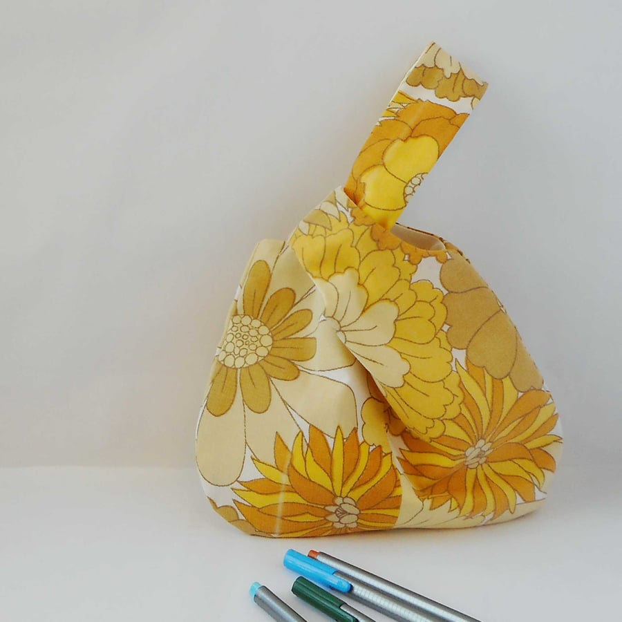 Yellow floral Japanese Knot bag in vintage fabric - discounted due to fault