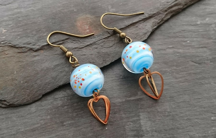 Blue lamp work glass bead and 3d heart charm earrings