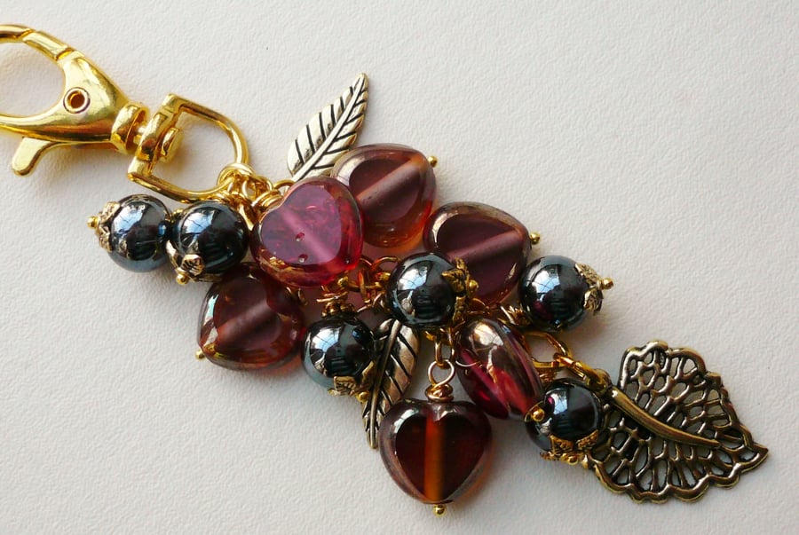 Claret Red and Dark Blue Lustre Bead Handbag Charm   KCJ925