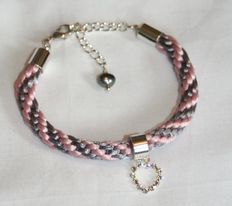 Pink and grey kumihimo bracelet with Swarovski crystal heart and baroque pearl