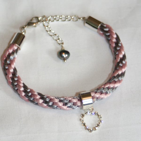 Pink and grey kumihimo bracelet with Swarovski crystal heart and baroque pearl