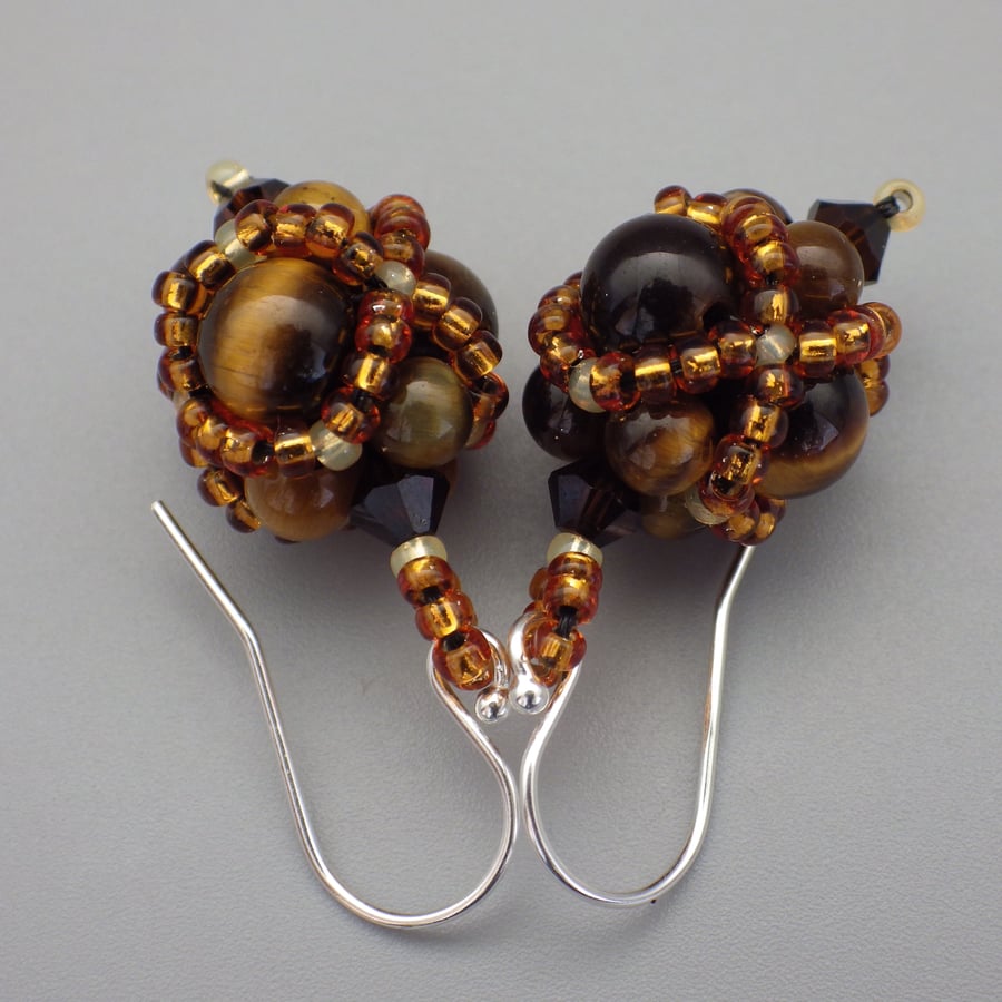 Netted beadwoven tiger’s eye and Swarovski crystal earrings