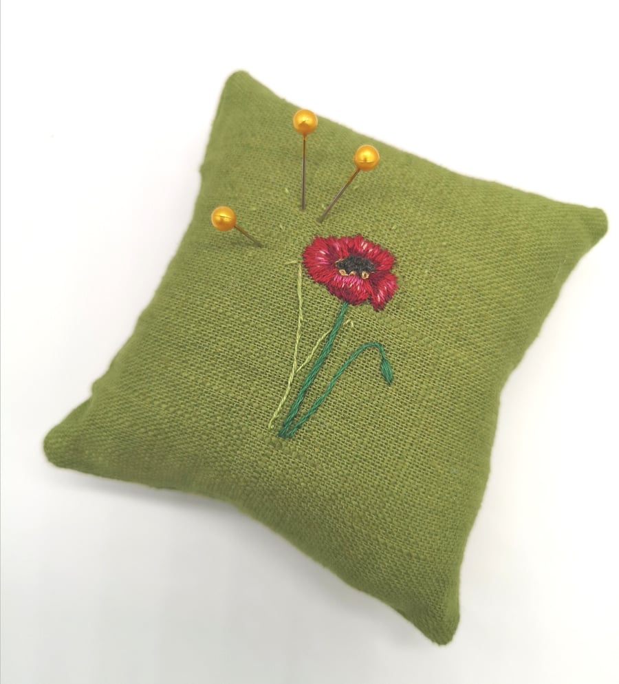 Handmade Pin Cushion with Hand Embroidered Poppy