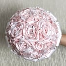 Unique Bridal Wedding Bouquet White & Pink Satin Roses with Crystals