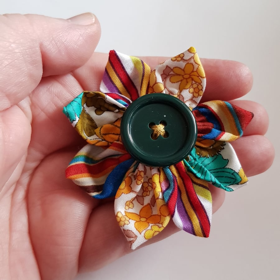 Mustard Floral and Striped Fabric Flower Hair Clip with Green Button