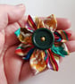 Mustard Floral and Striped Fabric Flower Hair Clip with Green Button