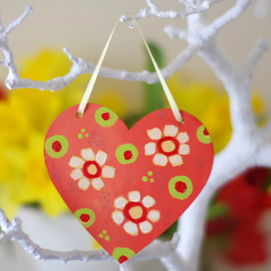 Orange Hanging Heart with Yellow Flowers, Spring Decoration for Easter